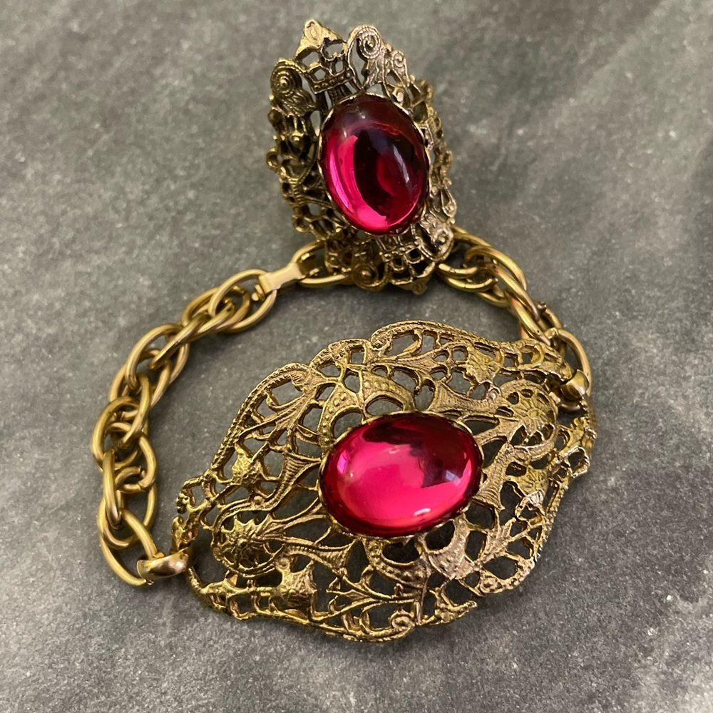 Vintage West Germany Gold Filigree Bracelet Red Glass Ring Set